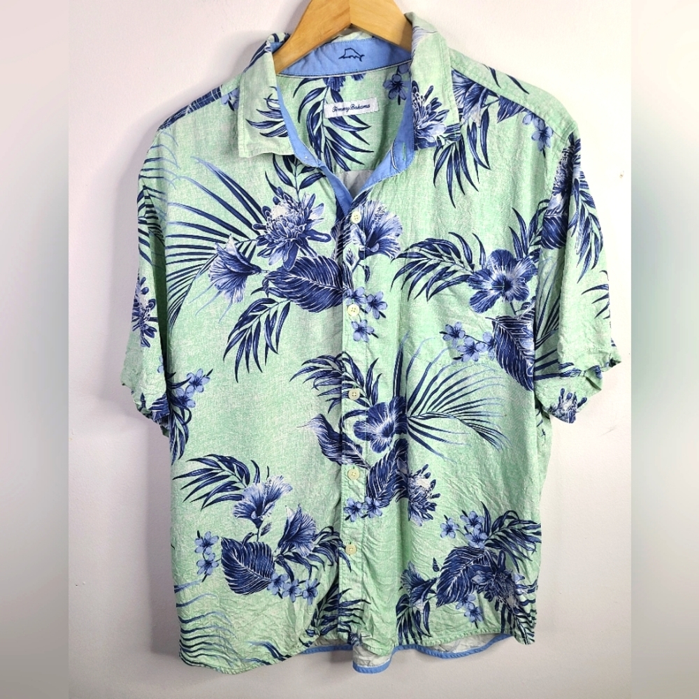 Tommy Bahama - Hawaiian Floral Button Down - SIZE XL - Green Blue Vacation Fun